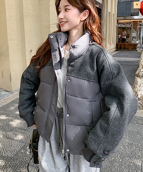 ダウンコート ダウンジャケット スタンドカラー異素材切り替え中綿