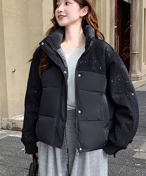 ダウンコート ダウンジャケット スタンドカラー異素材切り替え中綿