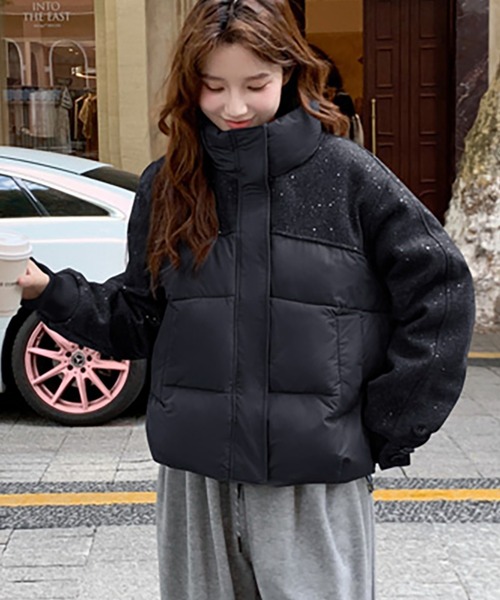 ダウンコート ダウンジャケット スタンドカラー異素材切り替え中綿