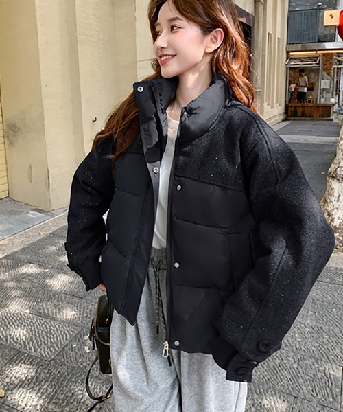 希少/大きいサイズ 17★モガ ダウンコート 異素材 フード 切替 3XL 黒 ダウンコート ダウンジャケット スタンドカラー異素材切り替え中綿