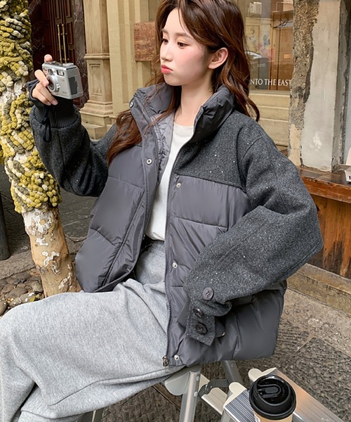 ダウンコート ダウンジャケット スタンドカラー異素材切り替え中綿