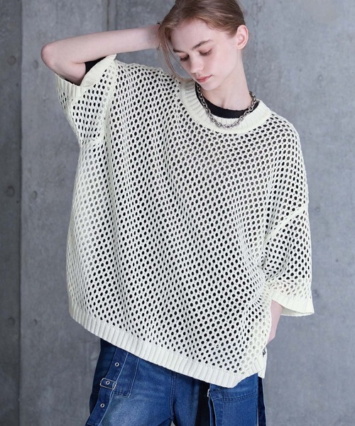 「SERACE」 半袖ニット M ブラック×ホワイト メンズ_画像3