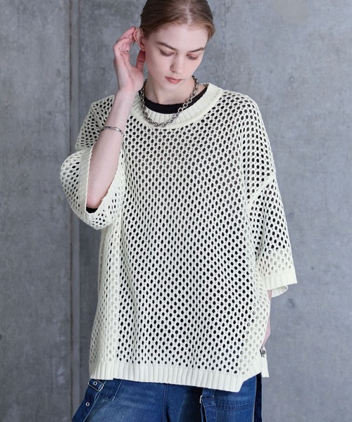 「SERACE」 半袖ニット M ブラック×ホワイト メンズ_画像8