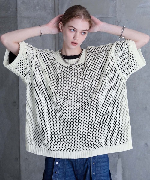 「SERACE」 半袖ニット M ブラック×ホワイト メンズ_画像9