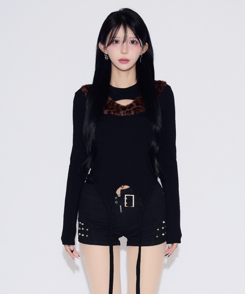 tinkerend（ティンカーエンド） tシャツ Leopard Fur Cutout Tops