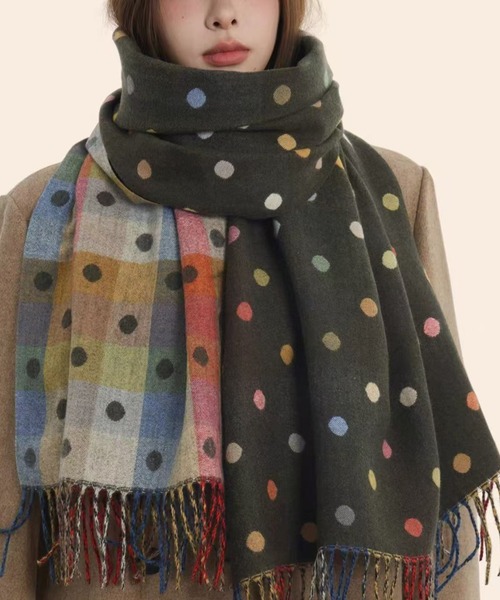 GEMEDA ストール マフラー ドット×チェック リバーシブル風あったか