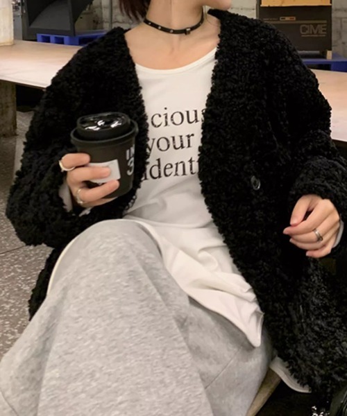 COCOMOMO ノーカラーコート コート ふわもこ、包まれシルエット。 ノー