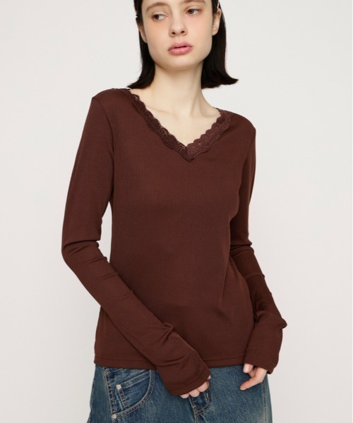 SLY（スライ） tシャツ LACE DOCKING CUT TOPS レースドッキングカット