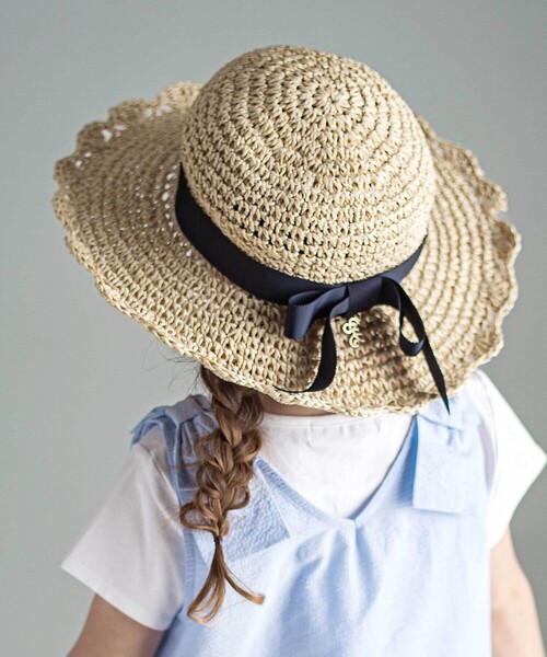 帽子 ハット 「UVカット」「お揃い」リボン付きブリムスカラップデザインペーパーハット(52~56cm) キッズ 子供 女の子の画像