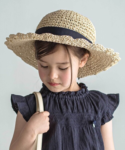 帽子 ハット 「UVカット」「お揃い」リボン付きブリムスカラップデザインペーパーハット(52~56cm) キッズ 子供 女の子の画像