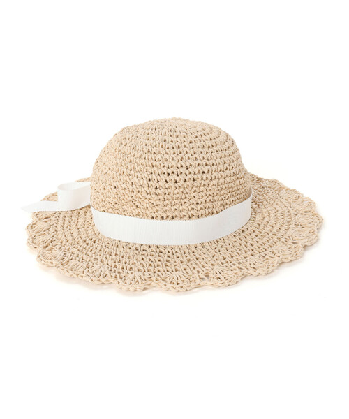 帽子 ハット 「UVカット」「お揃い」リボン付きブリムスカラップデザインペーパーハット(52~56cm) キッズ 子供 女の子の画像