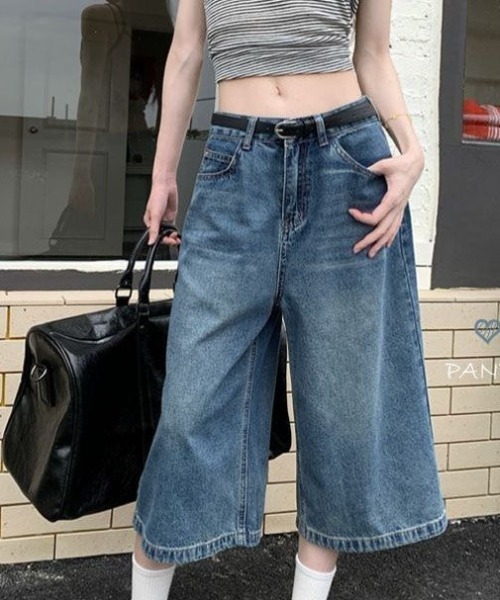 「Achic」 デニムハーフパンツ M ブルー レディース_画像5