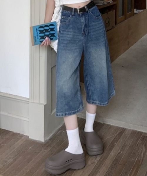 「Achic」 デニムハーフパンツ M ブルー レディース_画像9