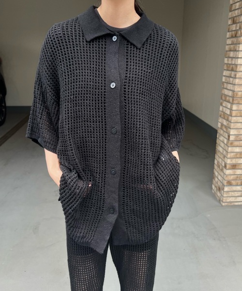 完売商品　AMBERGLEAM メッシュ編みシャツ 黒 AMBERGLEAM - Mesh Knit Cotton V Neck ¥22000+tax | KODONA in