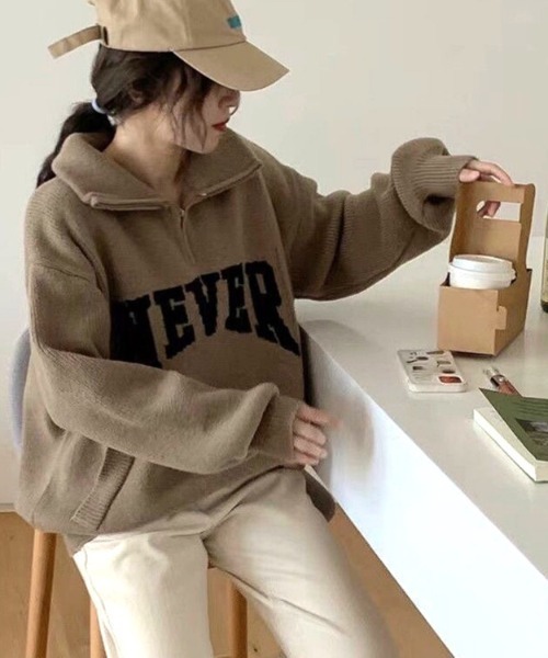 SHEENA ニット セーター NEVERロゴハーフジップニットトップス