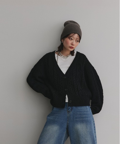 heveパフスリーブ ケーブルニット カーディガン 黒 heveパフスリーブ