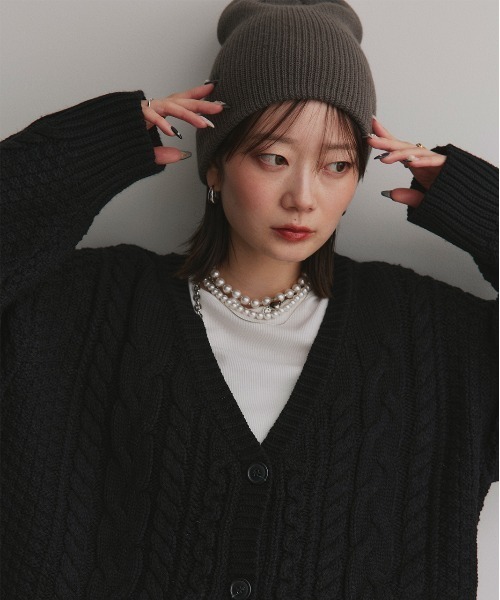 heveパフスリーブ ケーブルニット カーディガン 黒 Bubbly 2way Cable Cardigan black | HEVE