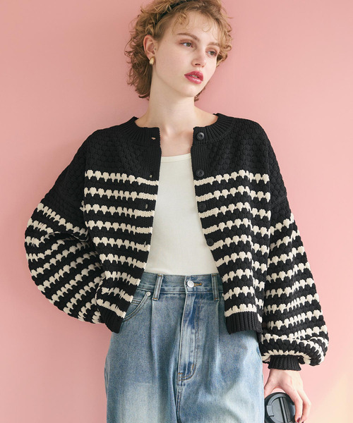 【LADIE'S】ビンテージ レインボーニット カーディガン バルーンスリーブ レディース 古着 80s カラフル レインボー ボーダー