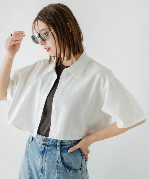 ブラウス シャツ クロップドハーフスリーブシャツ レディース BONLECILL ブラウス シャツ クロップドハーフスリーブシャツ