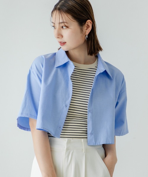 ブラウス シャツ クロップドハーフスリーブシャツ レディース BONLECILL ブラウス シャツ クロップドハーフスリーブシャツ