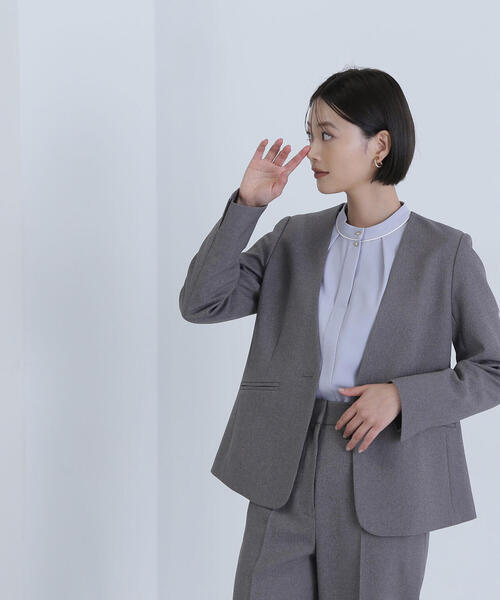 NATURAL BEAUTY BASIC ネイビー ノーカラージャケット M ◇ドビーツイル SETUP ノーカラージャケット（ノーカラー