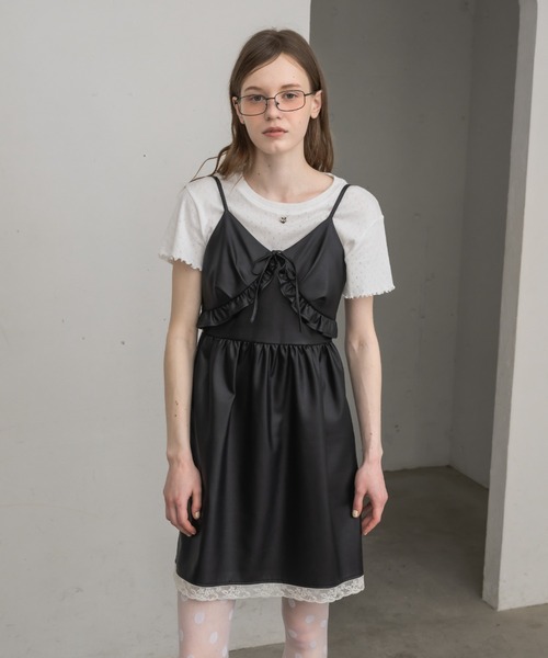 ハニーミュウ honeymew フリルギャザーレザー風キャミワンピ ワンピース leather frill onepiece／レザーフリルキャミワンピース