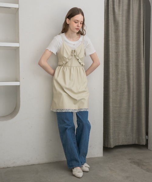HONEY MEW はにーみゅう フリルギャザーレザー風キャミワンピ ワンピース leather frill onepiece／レザーフリルキャミワンピース