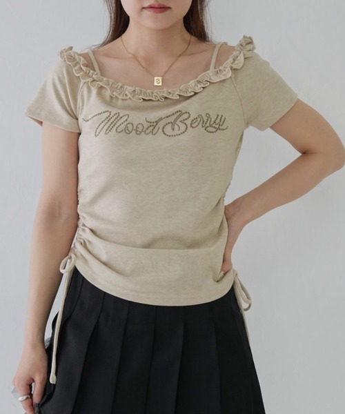 tシャツ 「 cunii 」 レタリング フリル ネック オフショルダー レディース