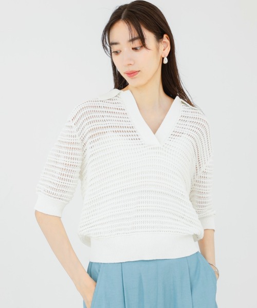tシャツ ガーターポロ襟ニット/夏服/サマーニット/半袖 レディース