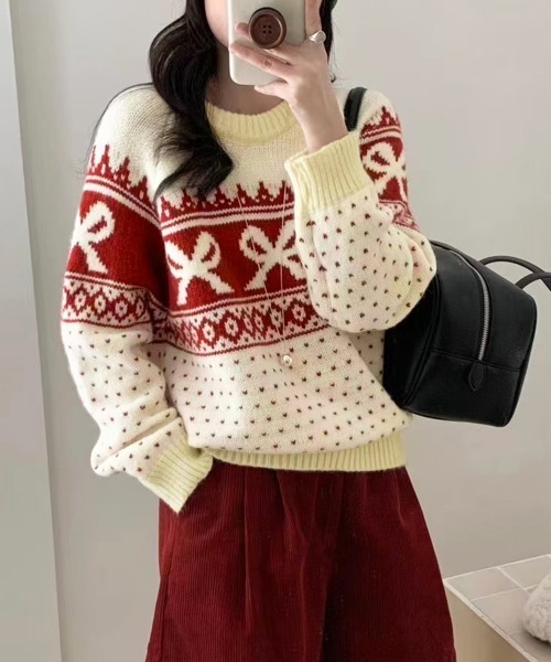ニット セーター リボン×ノルディック柄ニットトップス レディース