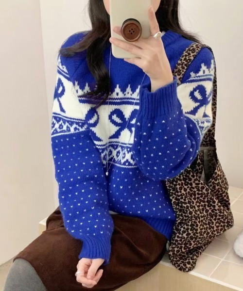 ニット セーター リボン×ノルディック柄ニットトップス レディース