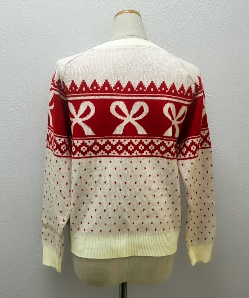 ニット セーター リボン×ノルディック柄ニットトップス レディース