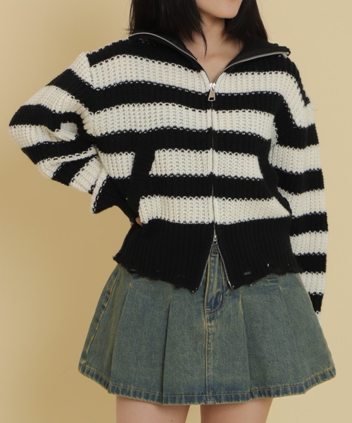 WOND ニット セーター WOND/ダメージボーダーZIPニット レディース
