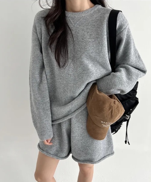 FAVORITO セットアップ ニットクルーネックトップスショートパンツ