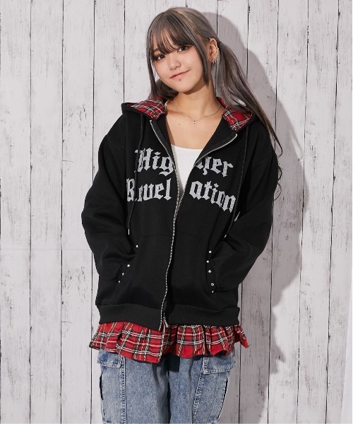 パーカー 「フェイクレイヤードスタッズ付ロゴジップ」裏起毛