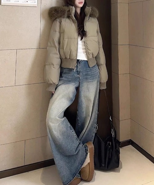 ViViDAY ダウンコート ダウンジャケット エコファーフード付き中綿