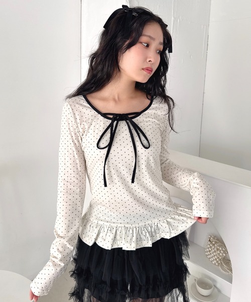 Loueme tシャツ 裾フリルドットリボントップス レディース : ZOZOTOWN