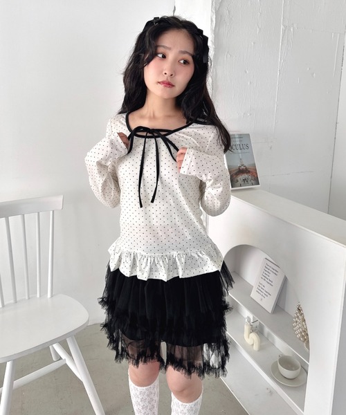 Loueme tシャツ 裾フリルドットリボントップス レディース : ZOZOTOWN
