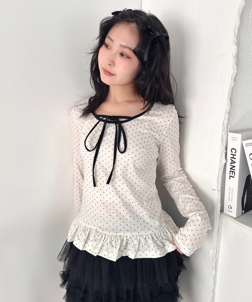 Loueme tシャツ 裾フリルドットリボントップス レディース : ZOZOTOWN