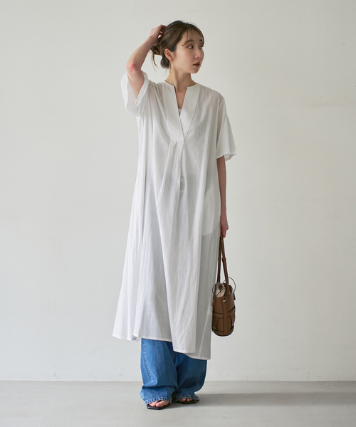 ワンピース 半袖 「洗える」normment/ノーメント STRIPE JQD SHORT