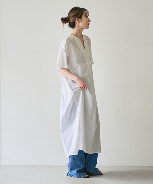 ワンピース 半袖 「洗える」normment/ノーメント STRIPE JQD SHORT