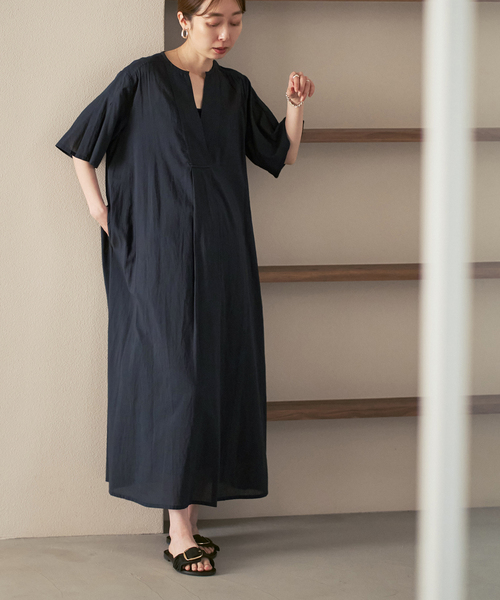 ワンピース 半袖 「洗える」normment/ノーメント STRIPE JQD SHORT