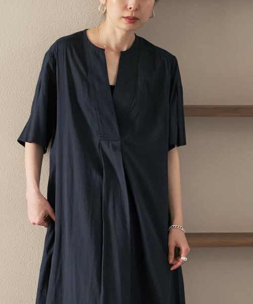 ワンピース 半袖 「洗える」normment/ノーメント STRIPE JQD SHORT