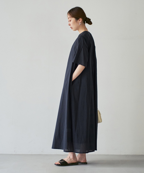 ワンピース 半袖 「洗える」normment/ノーメント STRIPE JQD SHORT