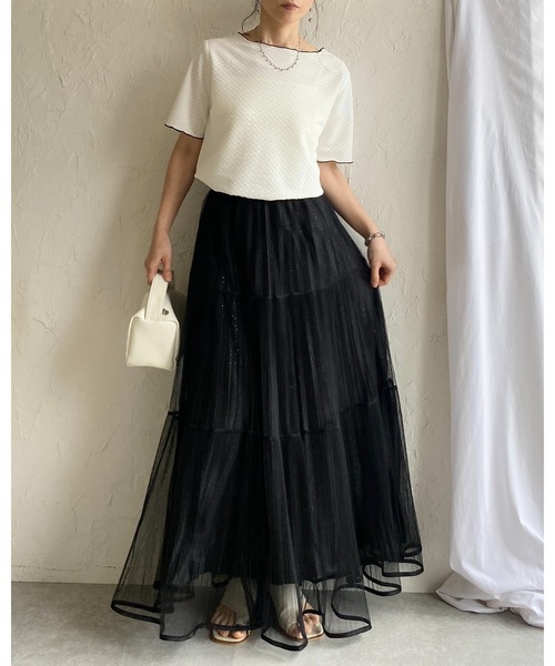 She's Closet ロング スカート ラメ チュール レイヤード プリーツ