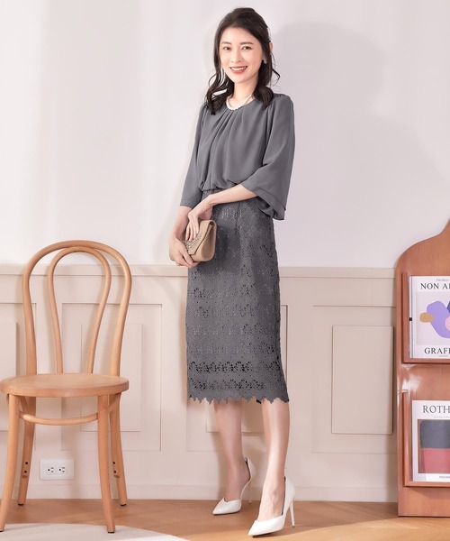 グレー シフォン パーティドレス DRESS+｜レースシフォンドッキングワンピース パーティードレス