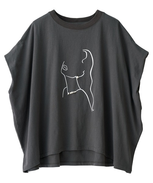 RANAN tシャツ パール調ビジュー付フロッキープリントTシャツ