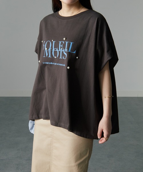 tシャツ パール調ビジュー付フロッキープリントＴシャツ レディース RANAN tシャツ パール調ビジュー付フロッキープリントTシャツ