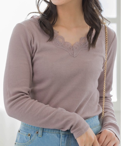 ad thie（アドティエ） tシャツ Vネック レース テレコ ロングTシャツ