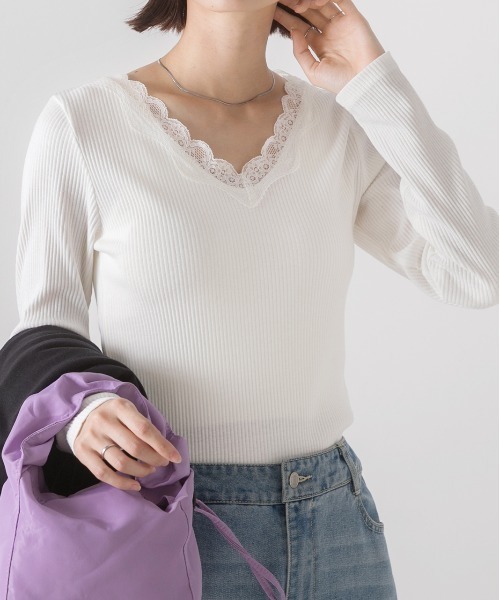 美品 theory レースVネックカットソー VネックレーステレコロングTシャツ カットソー レース[品番